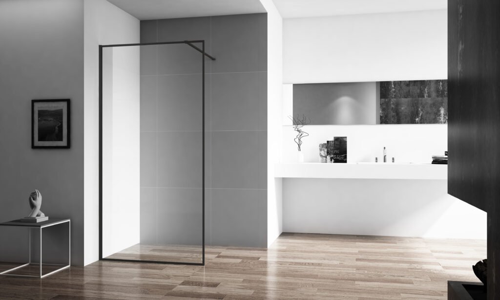 Painel duche STILL vidro temperado 6mm, 100cm, Preto e Transp. Qualidade premium, instalação fácil. Compre já!